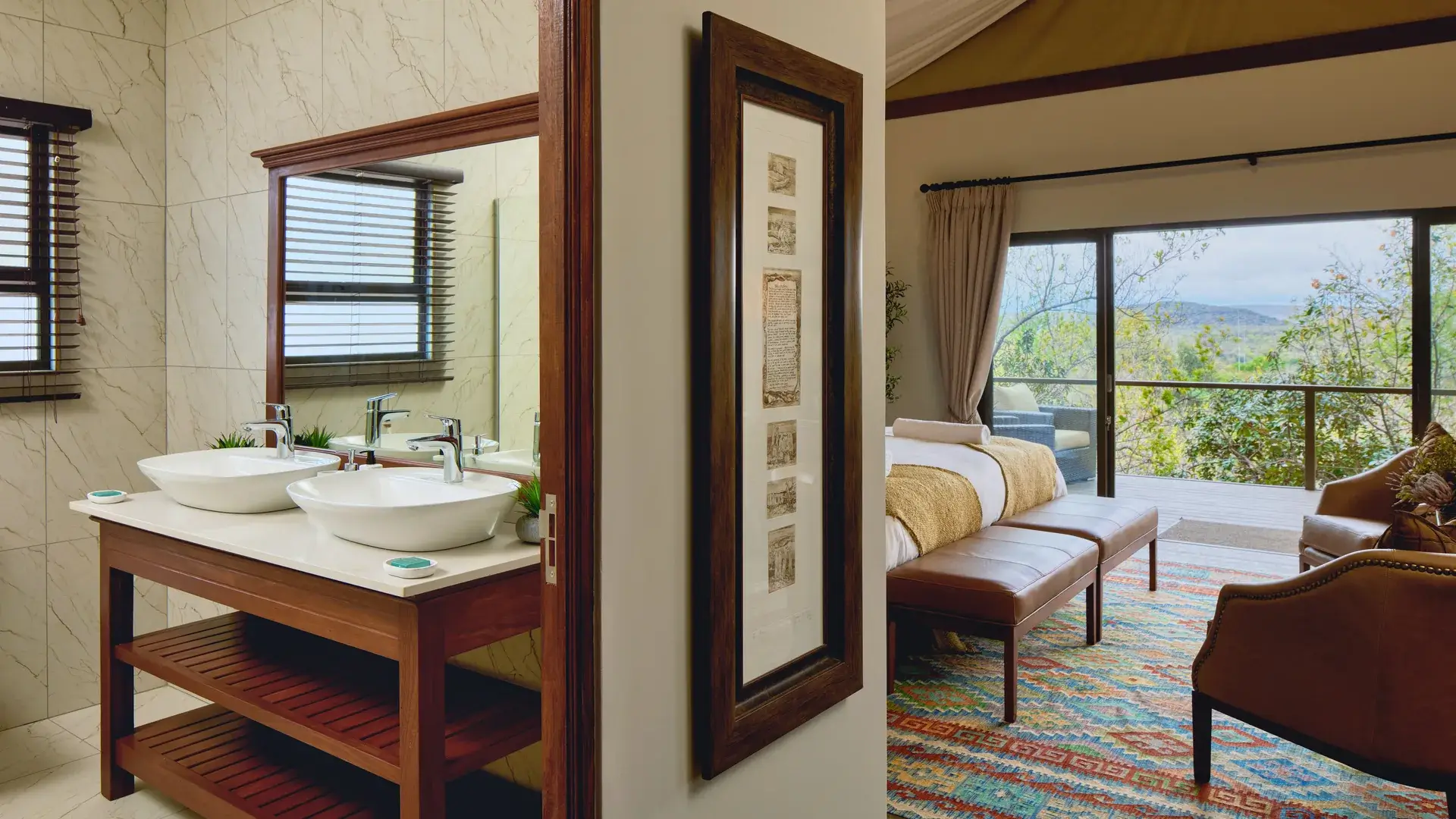 Bathroom vanity with the bedroom beyond